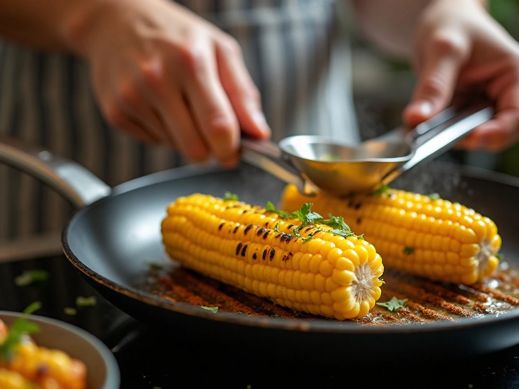 Corn grilling until tender and charred for Mexican street corn salad