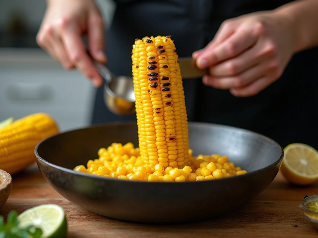 Cutting charred grilled corn kernels from the cob over a bowl