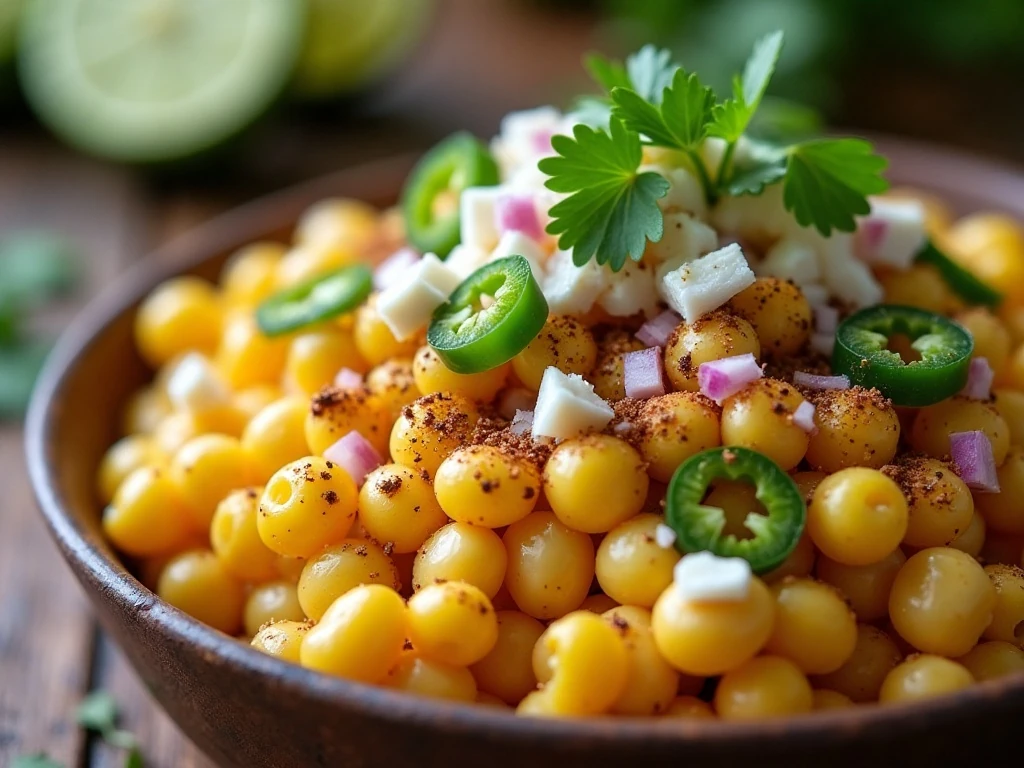 Garnished Mexican street corn salad with Cotija, cilantro, jalapeño, and lime