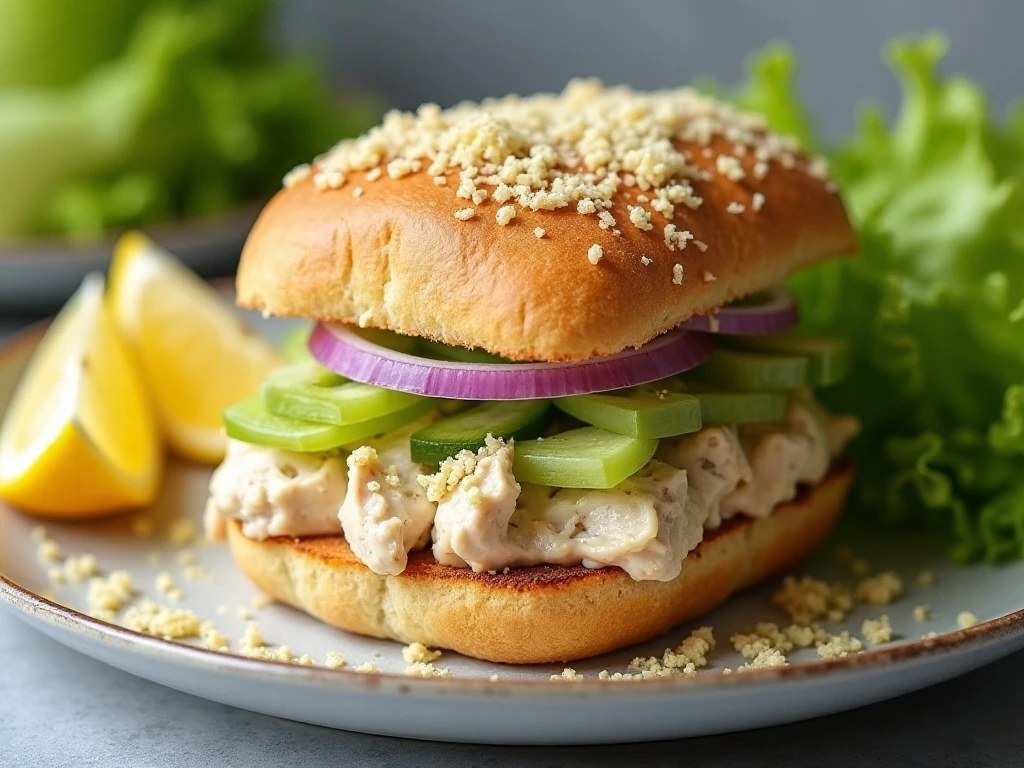 Zesty Parmesan tuna sandwich cut open to show the creamy filling