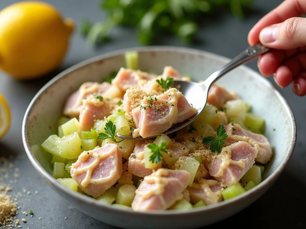 Tuna sandwich filling being mixed with Parmesan and fresh seasonings