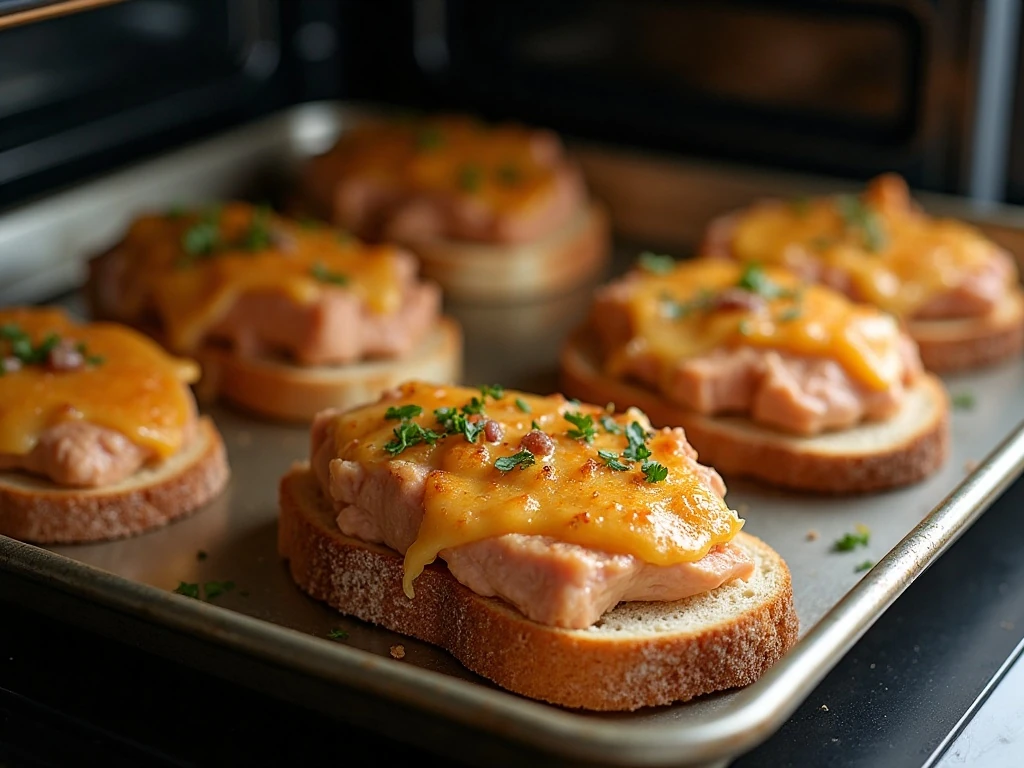 Open-faced Parmesan tuna sandwiches lightly browned under a broiler