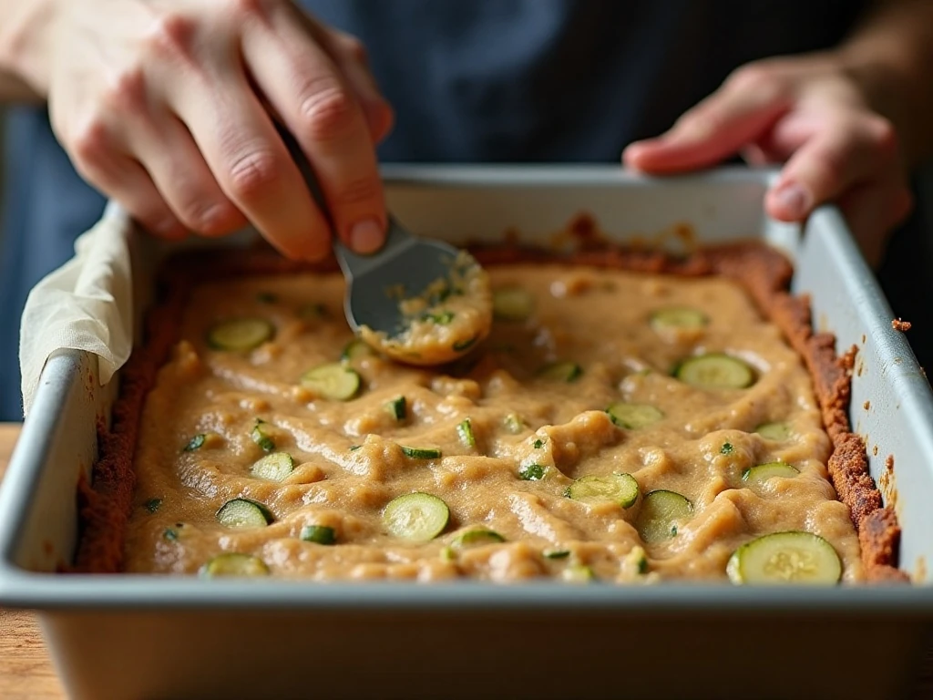 Zucchini blondie batter spread in a baking pan before baking