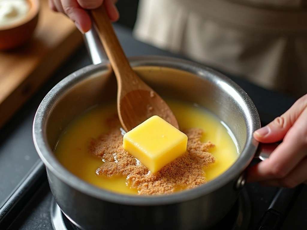 Brown sugar mixture cooking for penuche fudge frosting