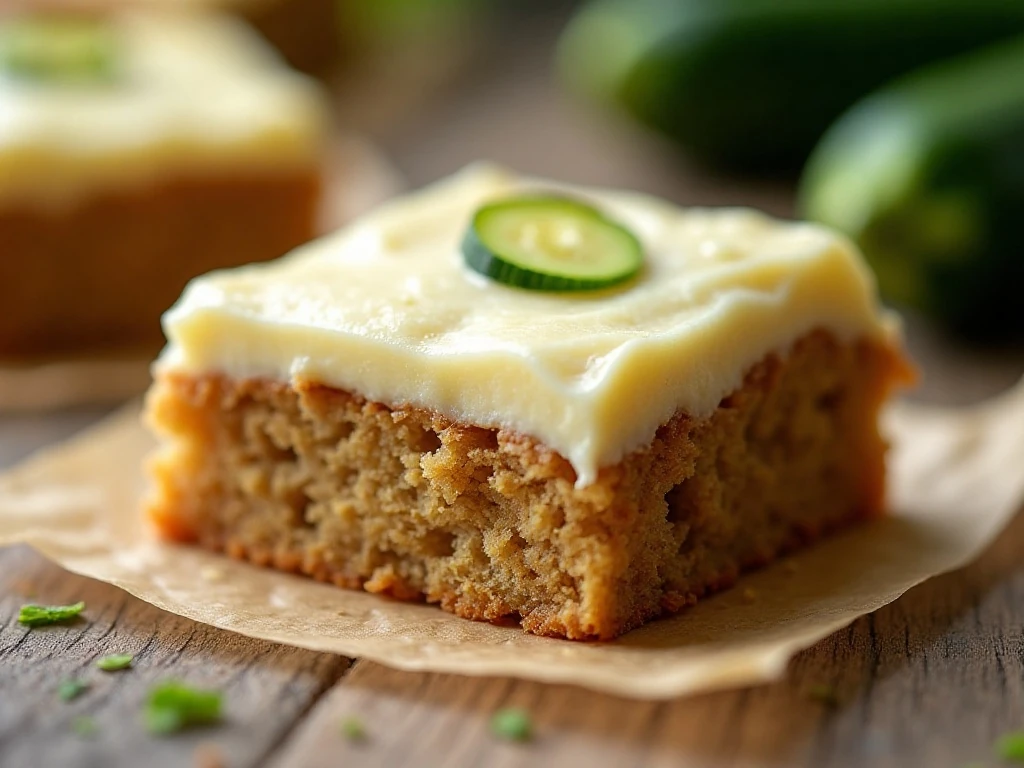 Close-up of a frosted zucchini blondie with tender crumb