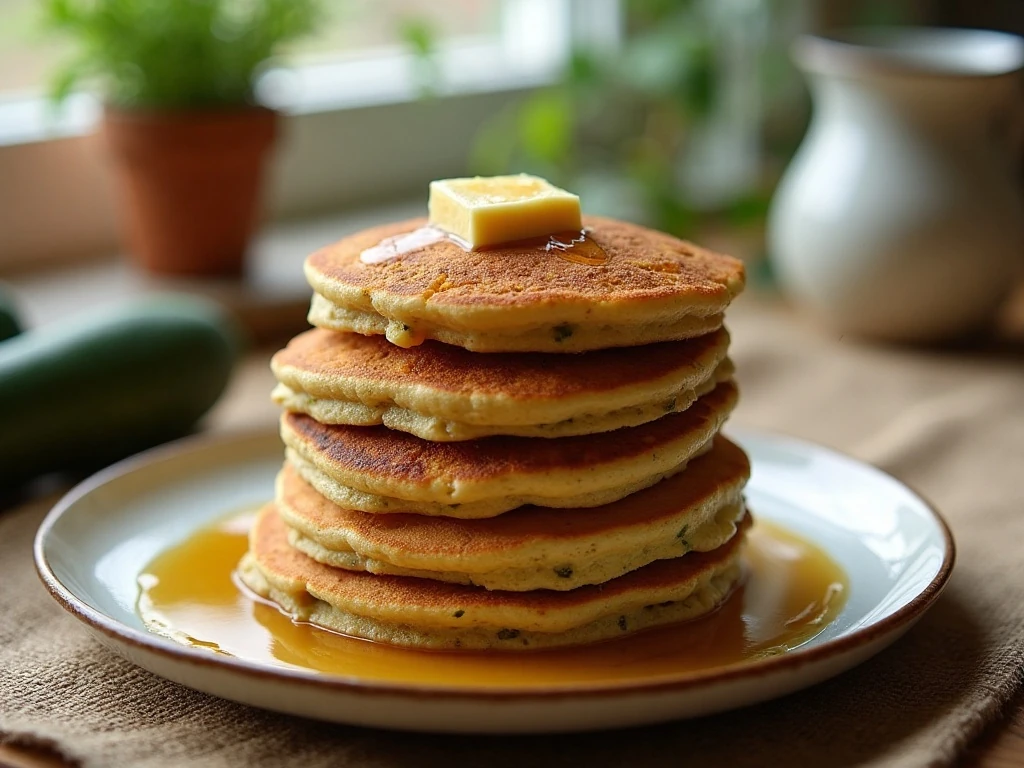 Stack of fluffy zucchini bread pancakes with butter and maple syrup