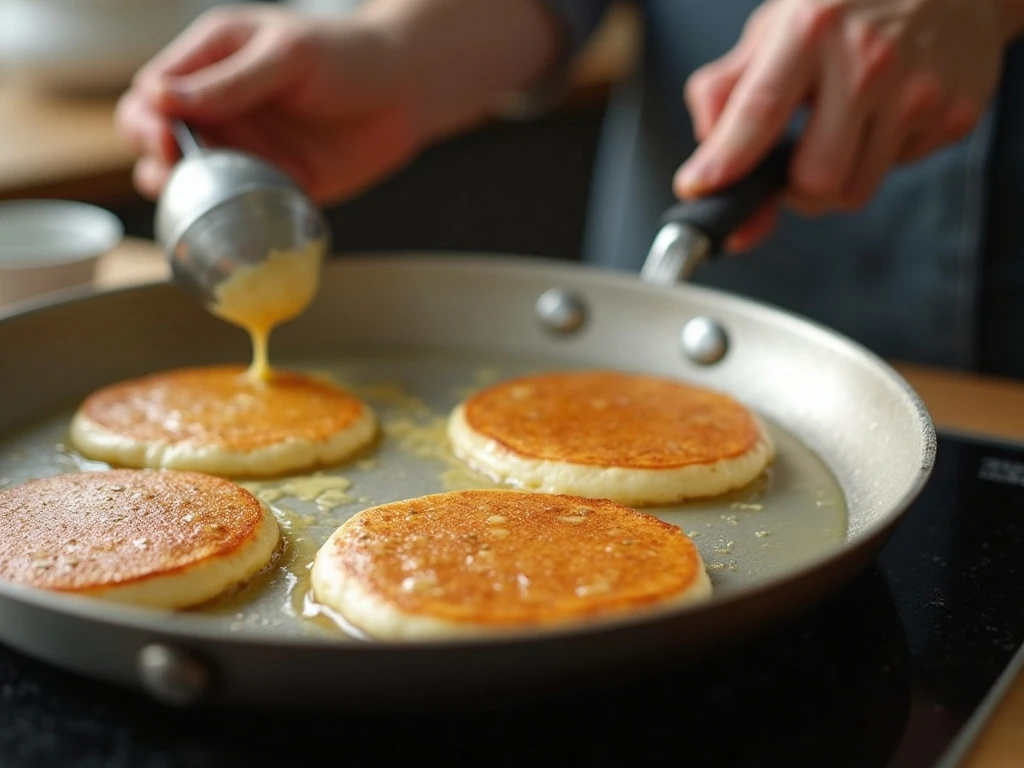 Zucchini pancake batter cooking in a skillet until bubbles form