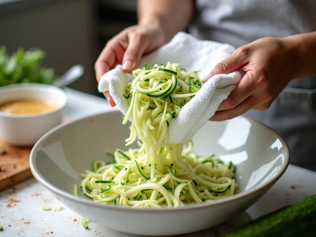 Gently squeezing shredded zucchini before adding it to pancake batter