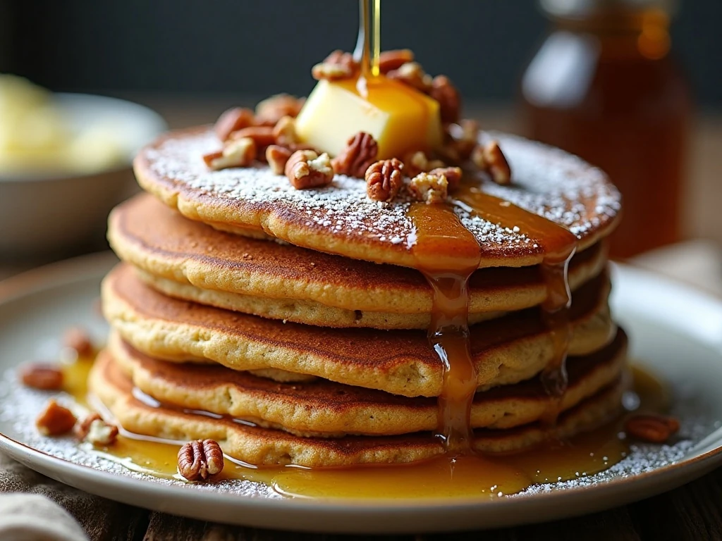 Zucchini bread pancakes topped with pecans powdered sugar and maple syrup