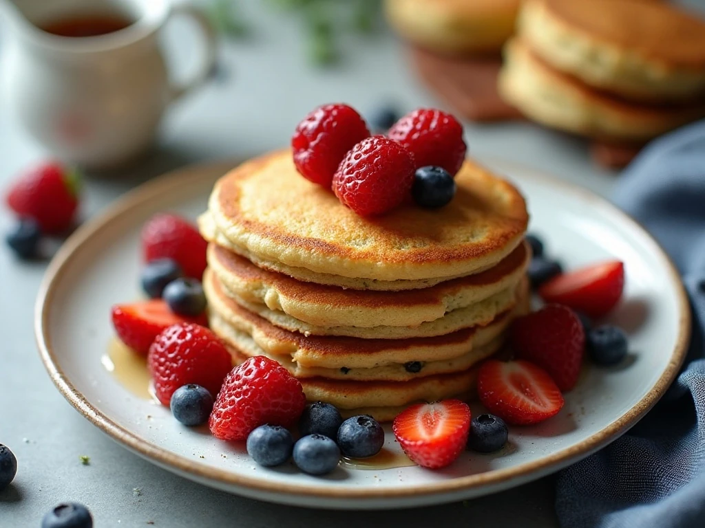 Warm reheated zucchini pancakes served with berries and maple syrup