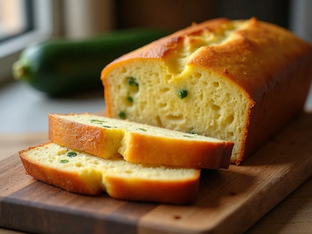 Sliced savory cheesy zucchini bread with a golden Parmesan crust
