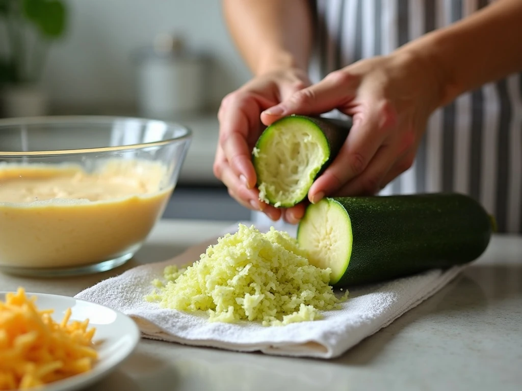 Lightly squeezed grated zucchini prepared for cheesy quick bread