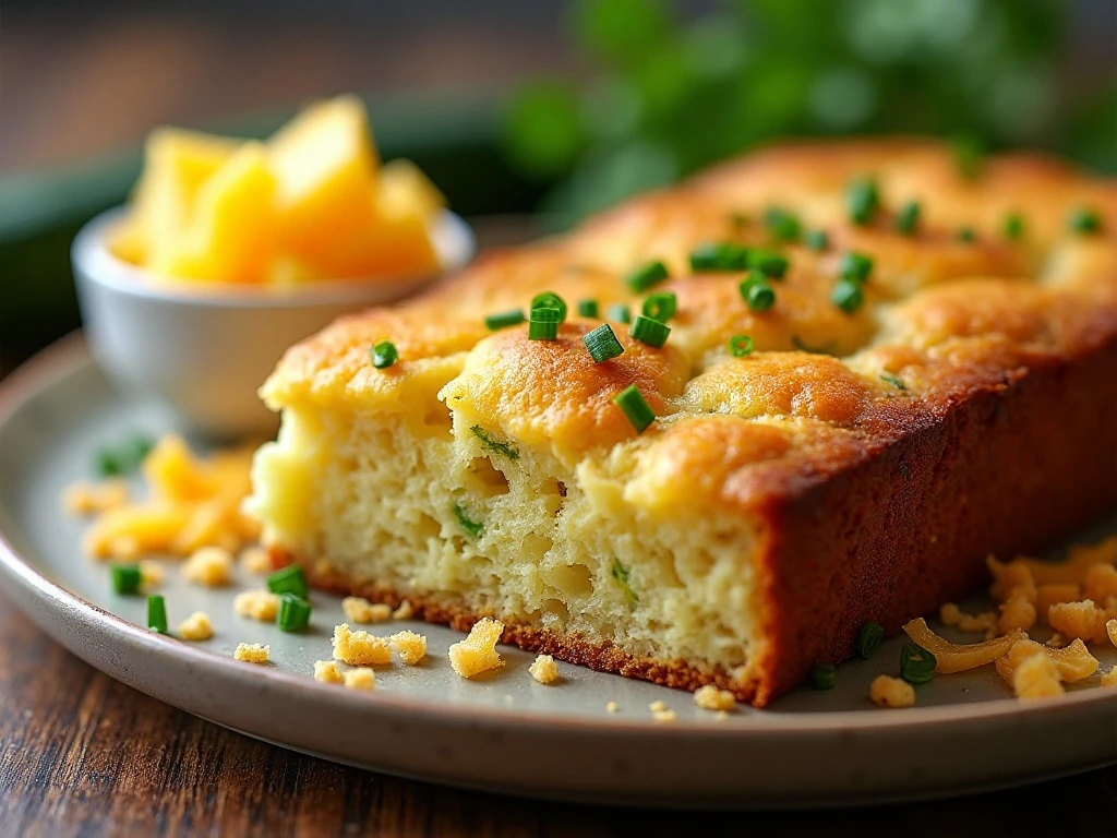 Close-up slice of zucchini cheese bread garnished with fresh chives