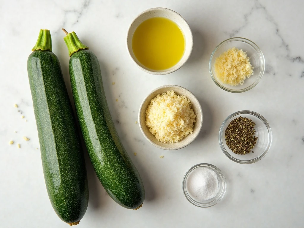 Ingredients for crispy baked zucchini chips arranged on a kitchen counter