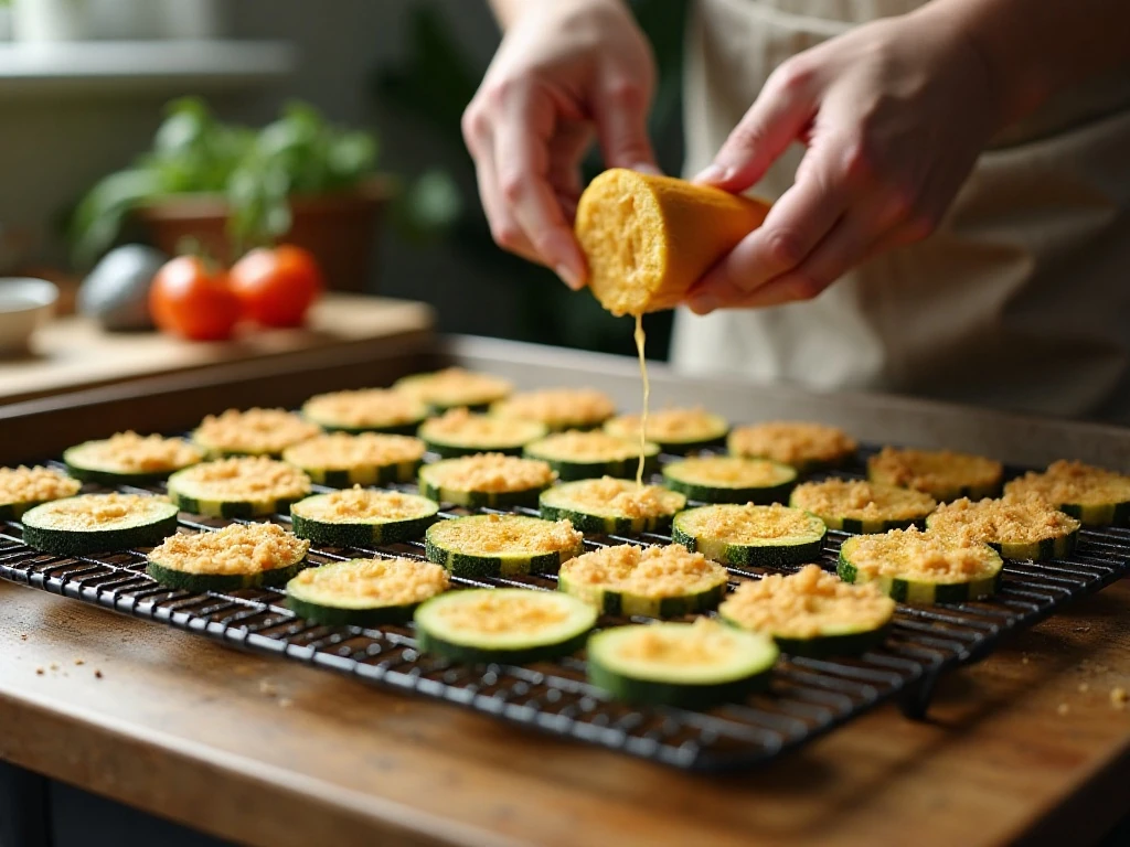 Coated zucchini slices spaced on a wire rack for crisp baking