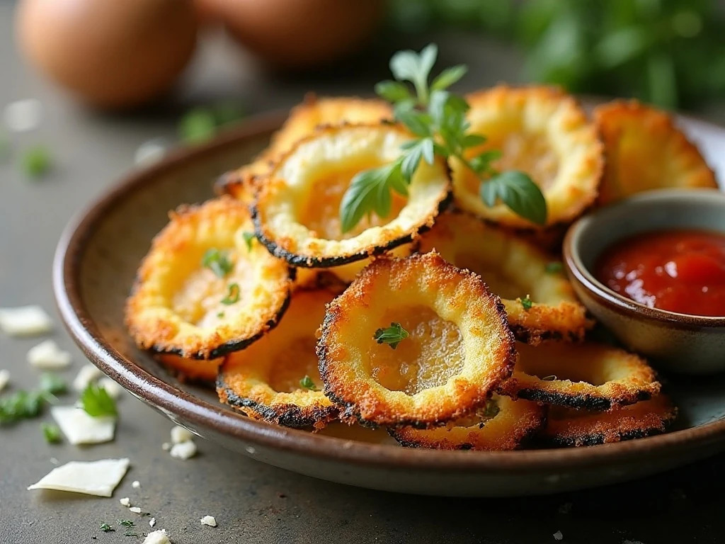 Crispy baked zucchini chips served with marinara dipping sauce