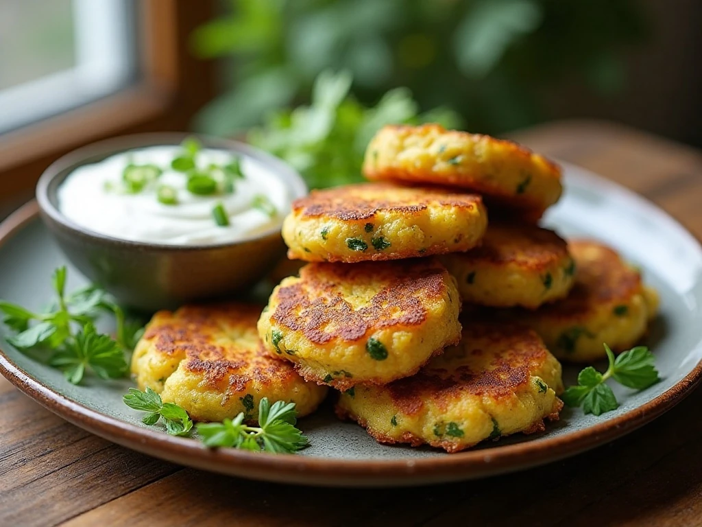 Crispy zucchini fritters served with creamy tzatziki