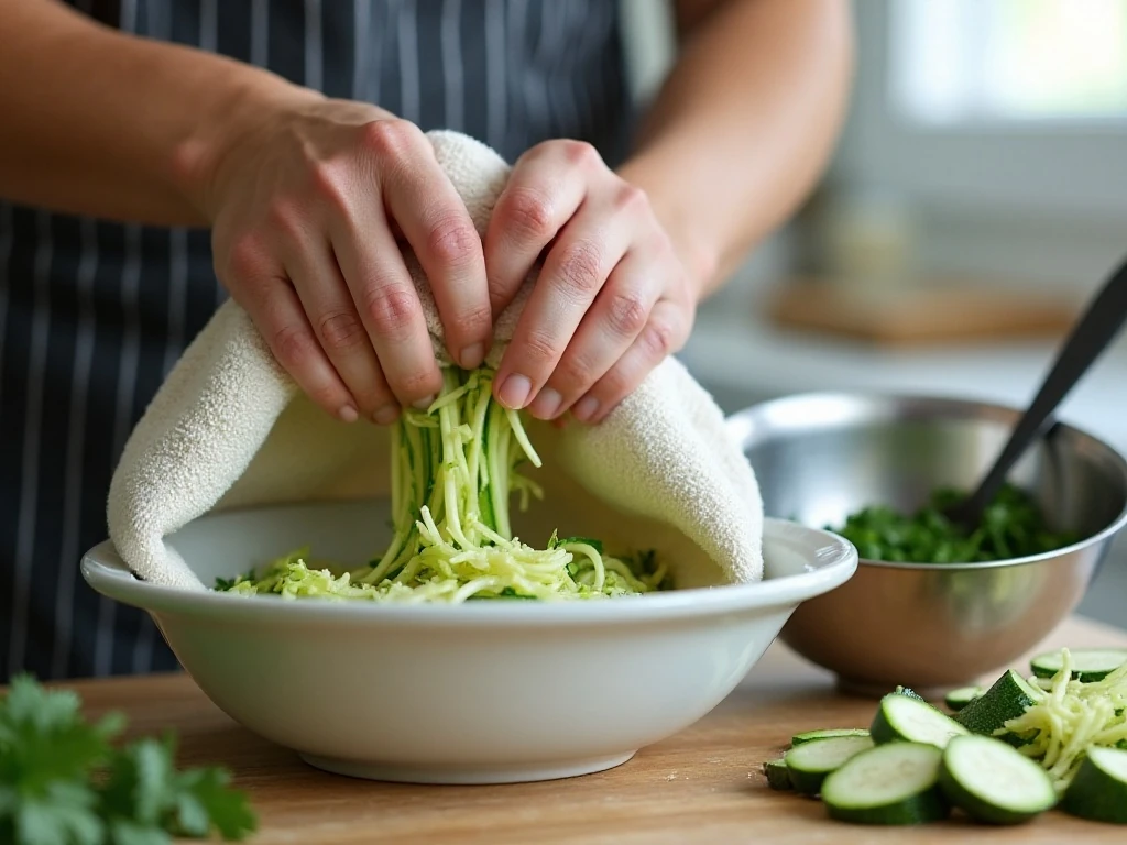 Squeezing grated zucchini dry for crisp fritters