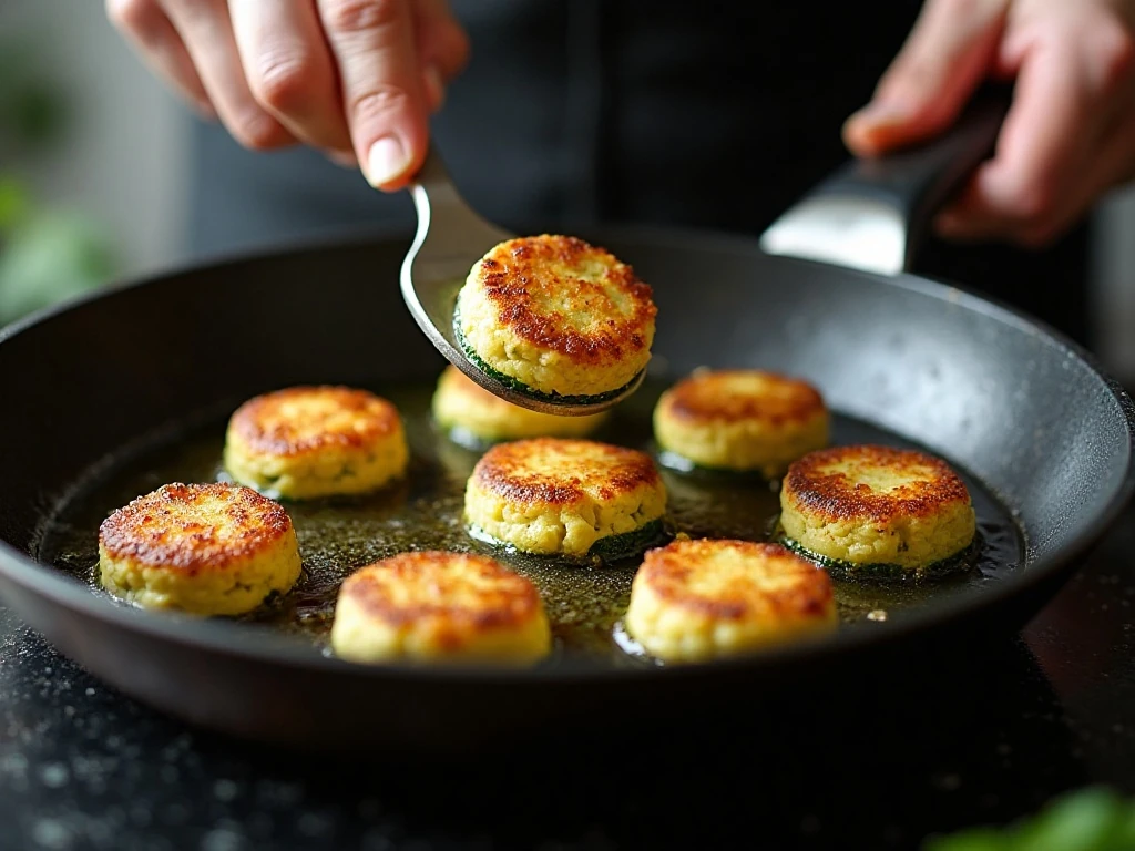 Zucchini fritters frying in a skillet