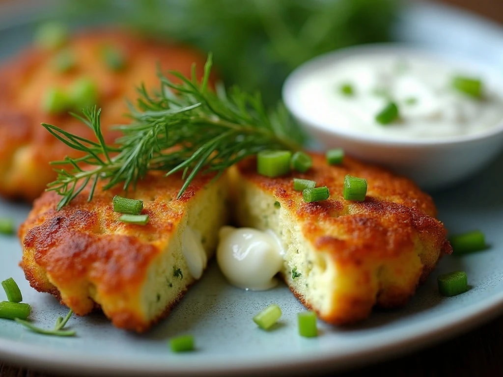 Close-up of a zucchini fritter with herbs and yogurt sauce