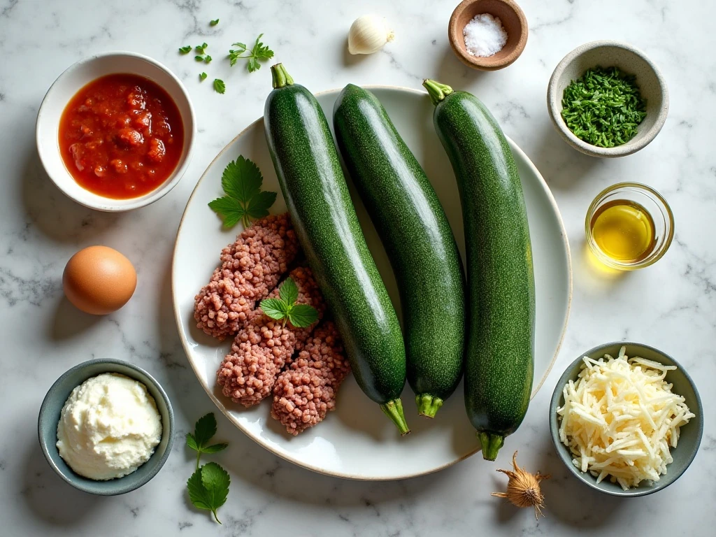 Ingredients for low-carb zucchini lasagna arranged on a countertop
