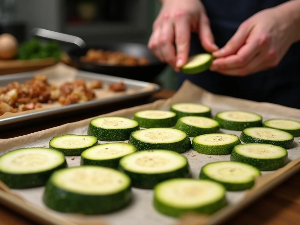 Sliced zucchini being prepared for low-carb lasagna