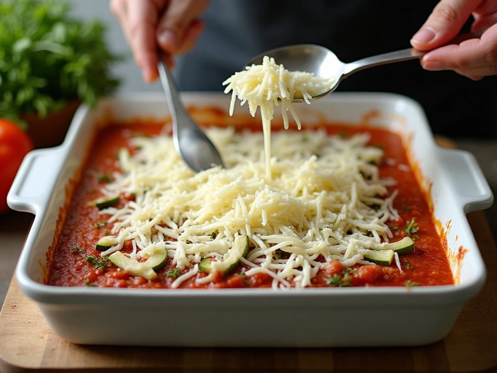 Layering zucchini, meat sauce, ricotta, and mozzarella for lasagna