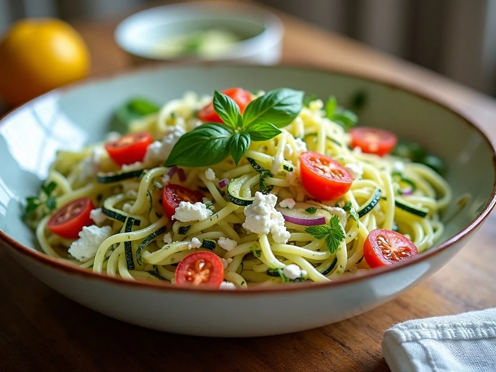 Fresh zucchini noodle salad with tomatoes, feta, red onion, and herbs