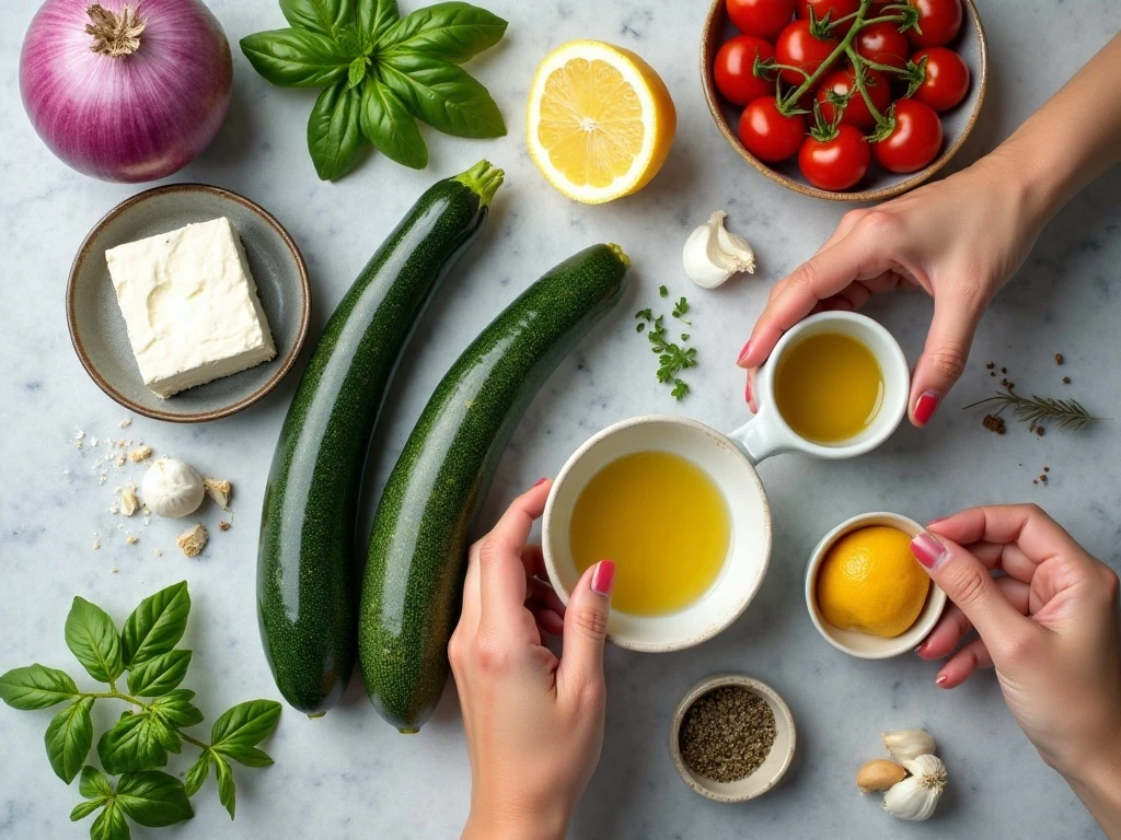 Ingredients for easy zucchini noodle salad and lemon dressing