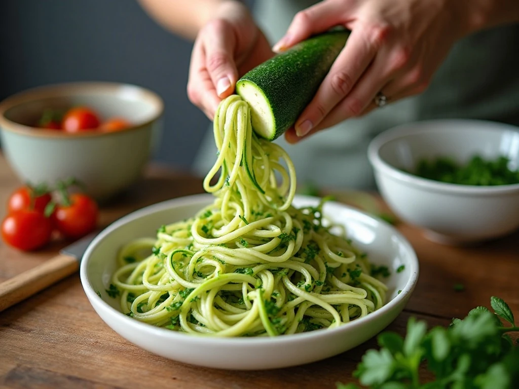 Zucchini being spiralized into noodles for salad