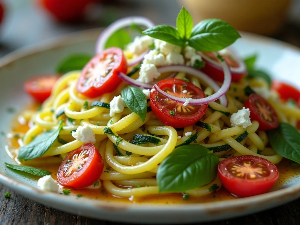 Close-up of feta and fresh herb garnish on zucchini noodle salad