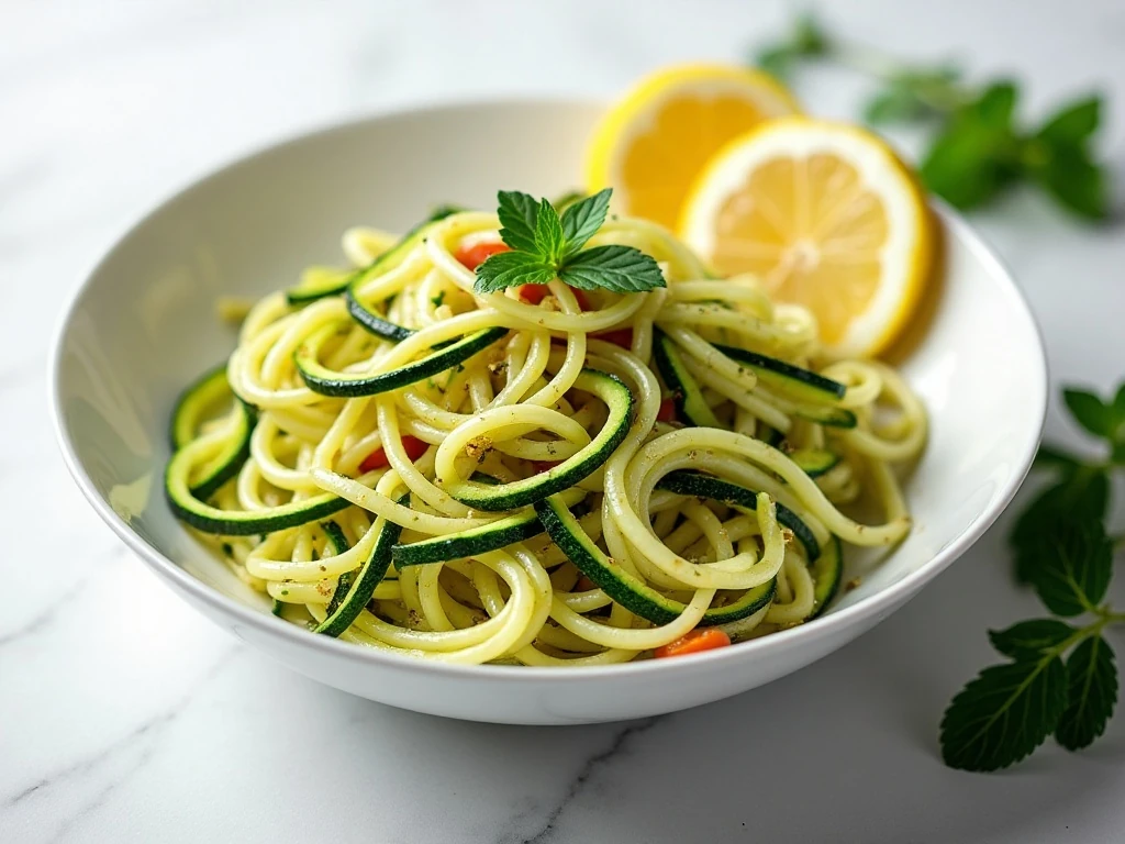 Colorful healthy zucchini noodle salad ready to serve
