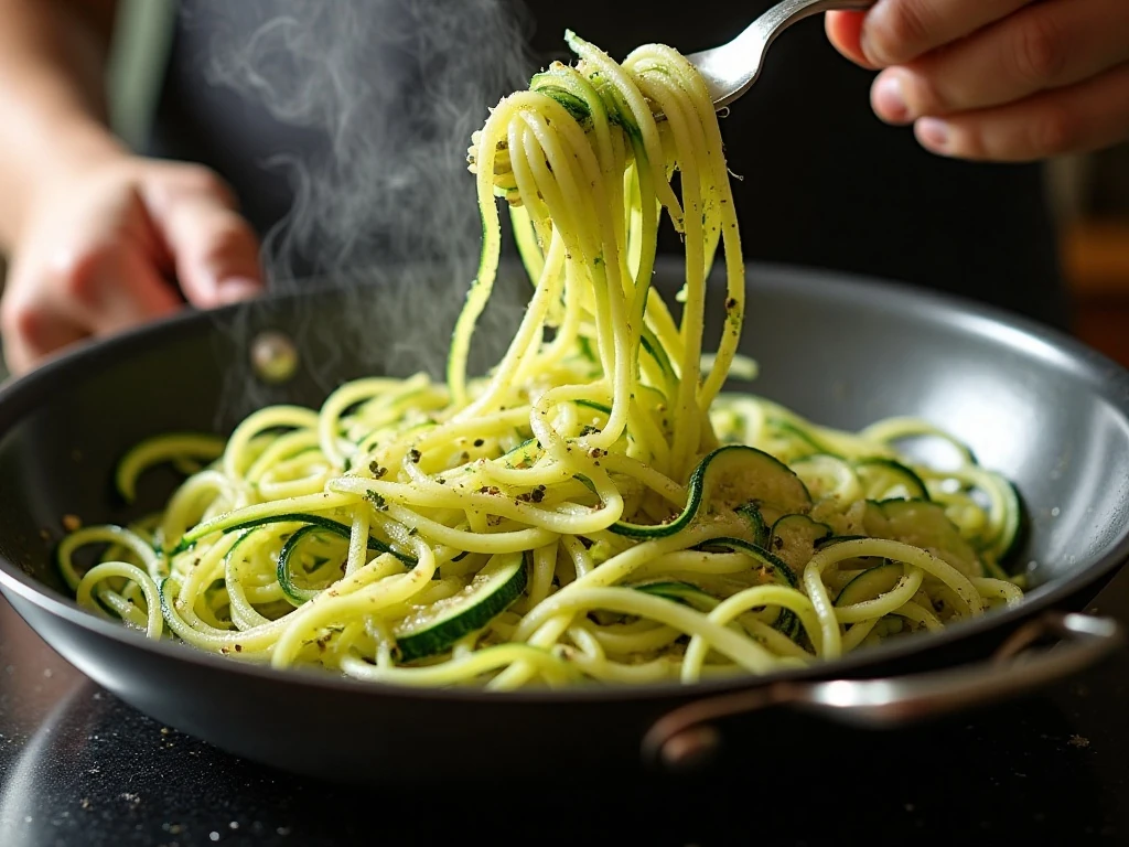 Zucchini noodles tossed with lemon caper butter in a skillet