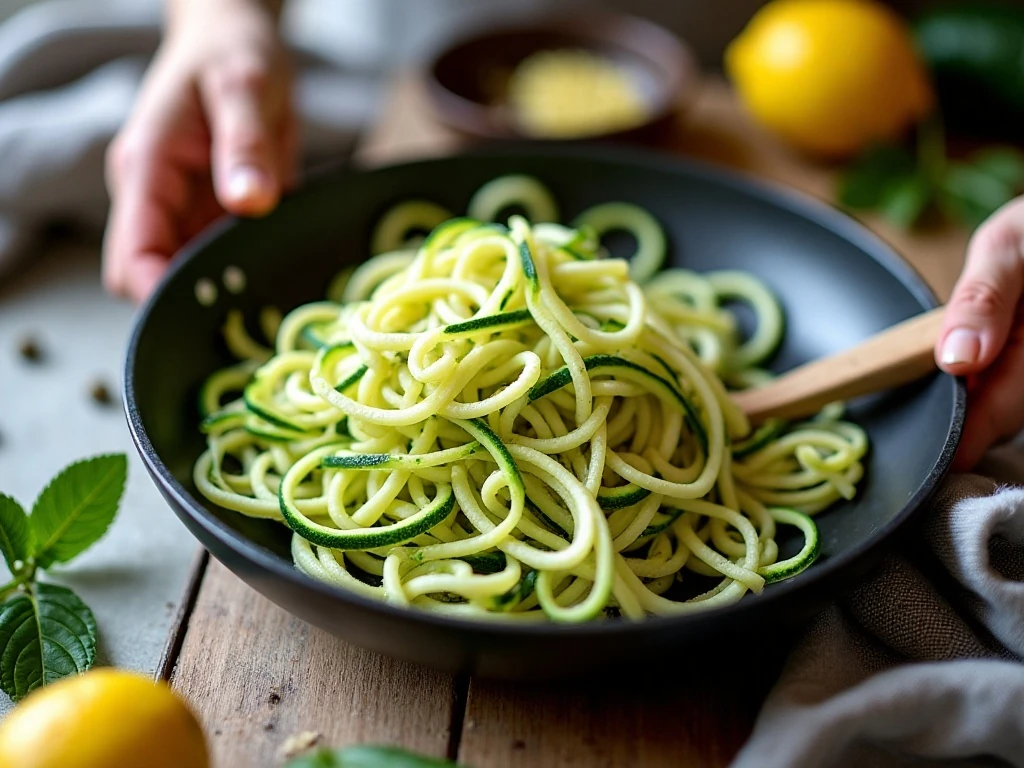 Dry spiralized zucchini noodles prepared for quick skillet cooking