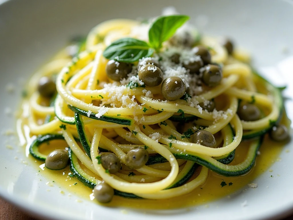 Zucchini noodles finished with parsley Parmesan lemon zest and capers