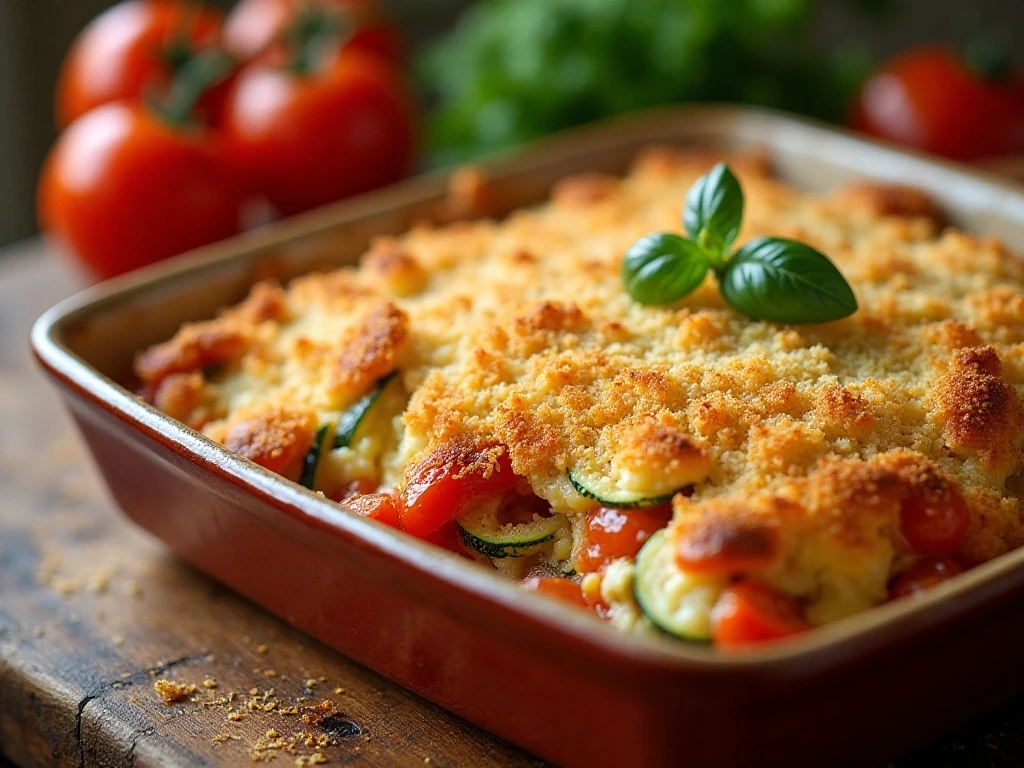 Golden zucchini tomato casserole with a crisp breadcrumb topping