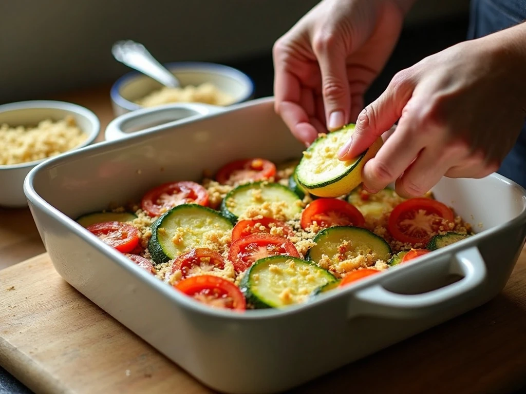 Layering zucchini and tomatoes in a casserole dish