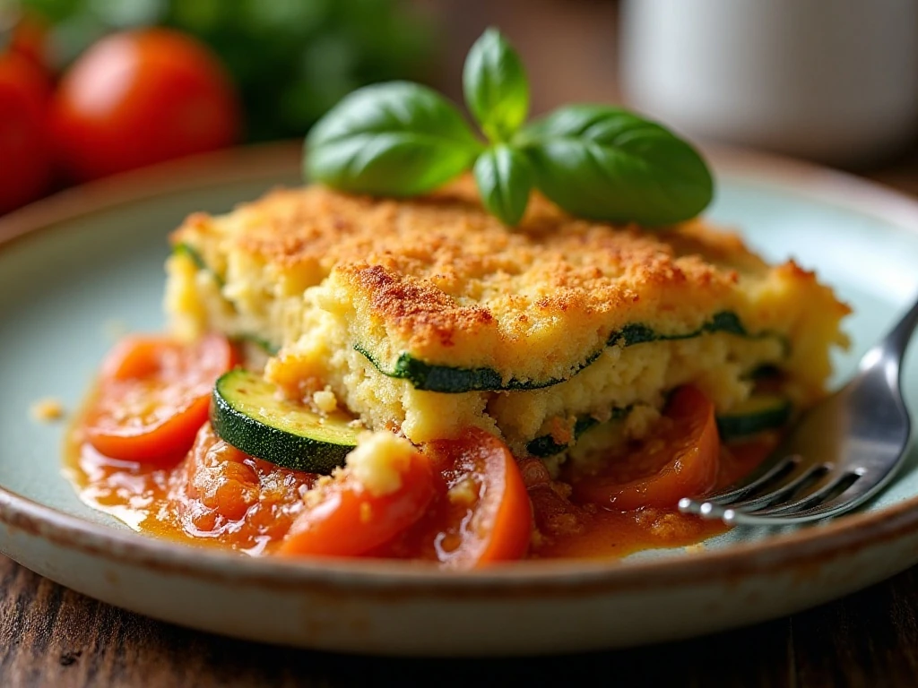 Close-up serving of zucchini tomato casserole with golden crumbs