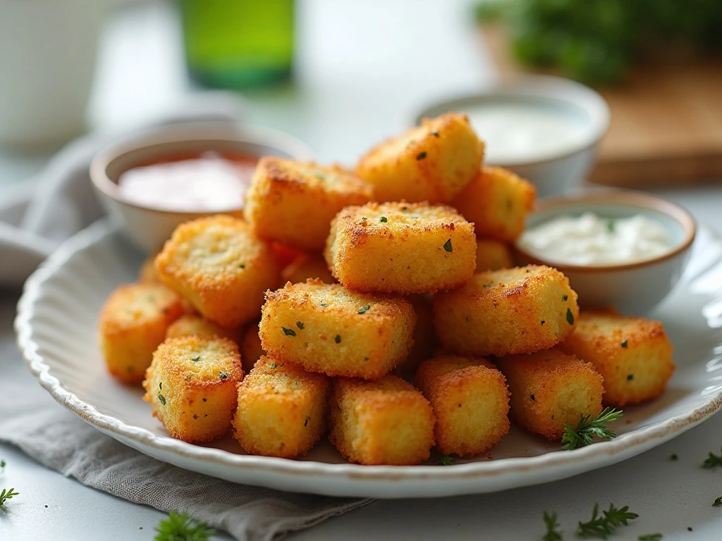 Crispy baked zucchini tots served with dipping sauces