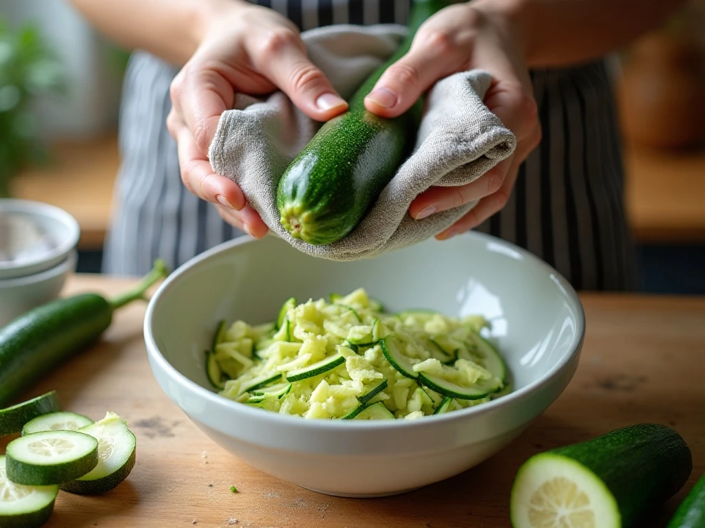 Squeezing shredded zucchini dry for zucchini tots
