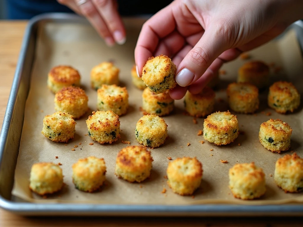 Shaped zucchini tots spaced on a baking sheet