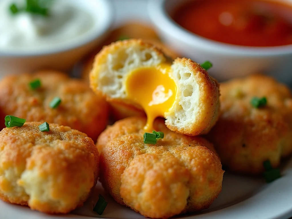 Golden zucchini tot with cheesy center and dipping sauces