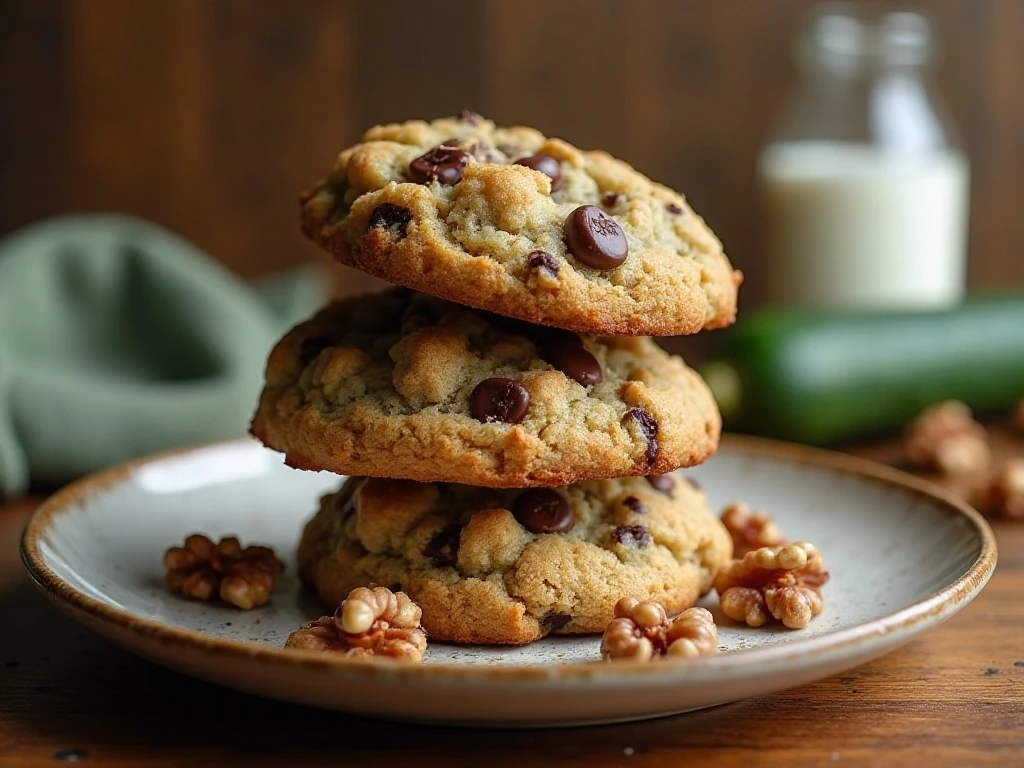 Stack of crispy and chewy zucchini walnut chocolate chip cookies